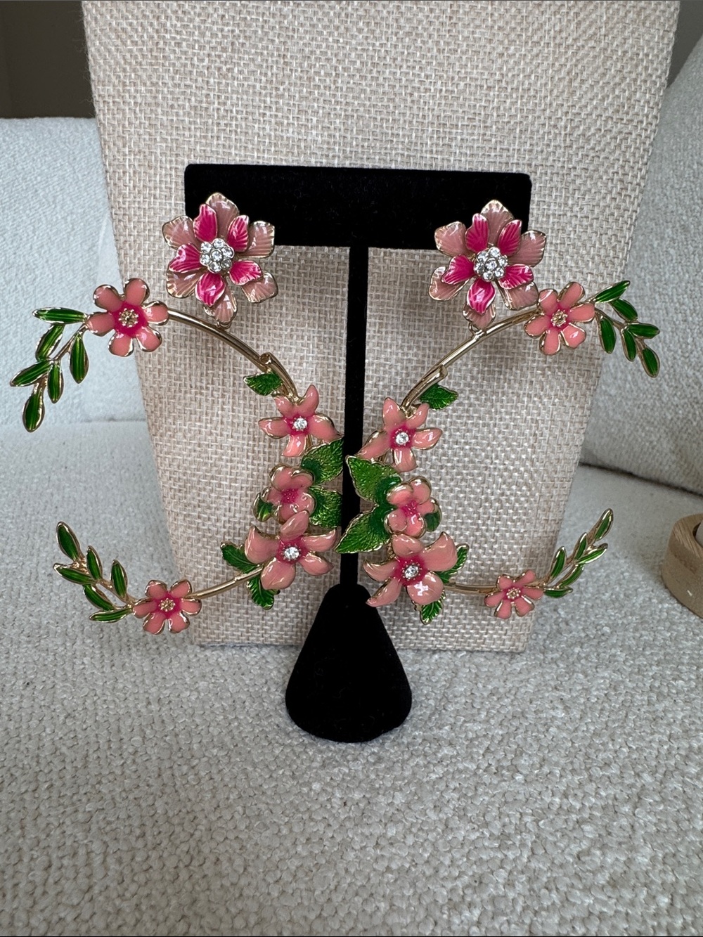 ASOS Pink Floral Hoop Earrings with Green Enamel Leaves and Crystal Centers